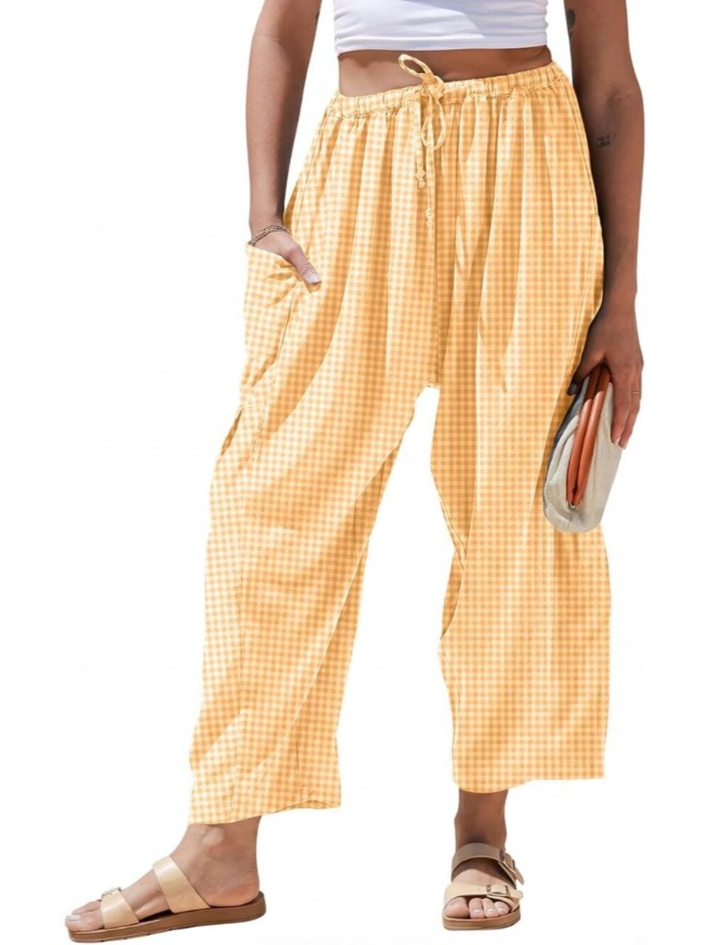 Women's Orange White Linen Wide Leg Striped Palazzo Harem Walking Holiday Pants